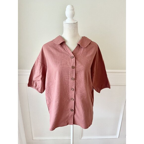 Dazy M Terra Cotta Peter Pan Collar Short Sleeve Button Down Shirt EUC - Picture 1 of 5